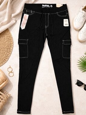 Pastels Black Cargo Pants with Contrast Stitching